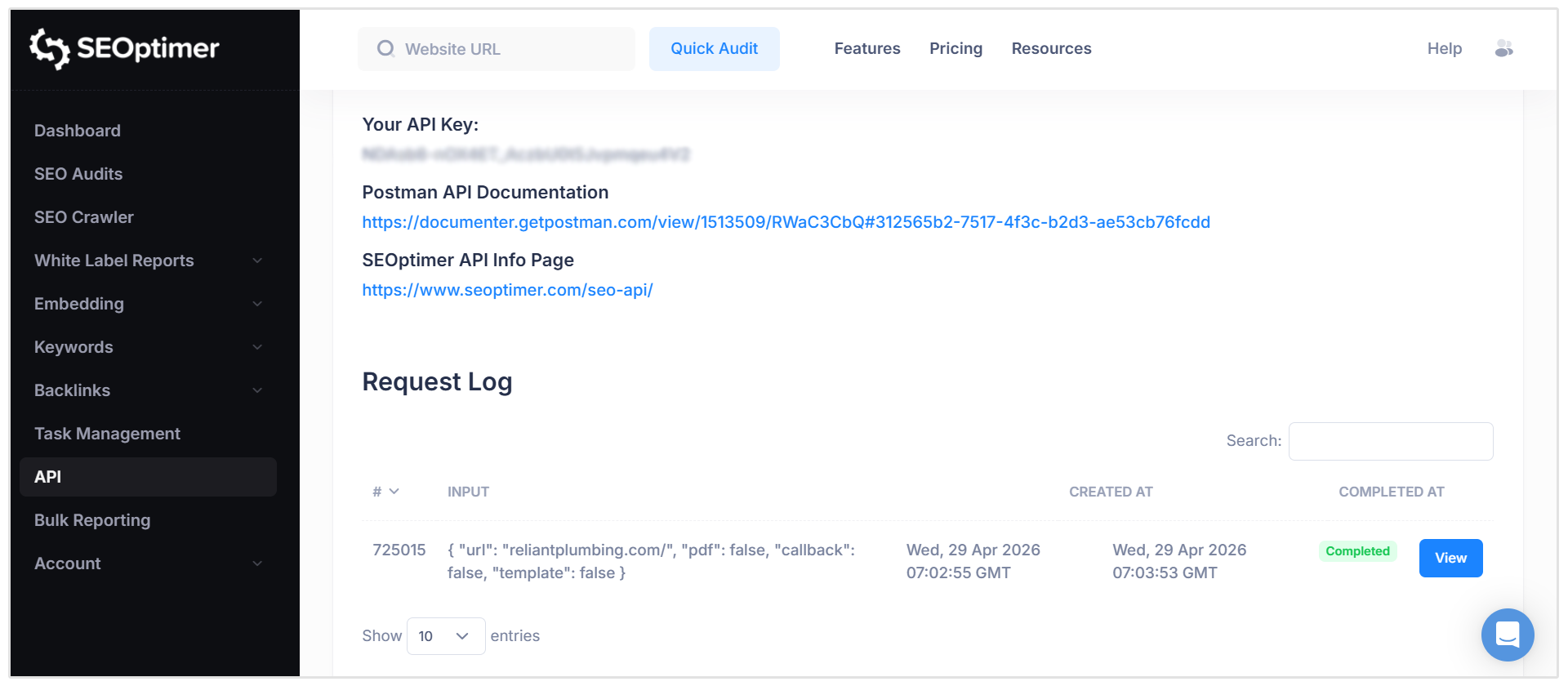SEOptimer SEO API ayrıntıları